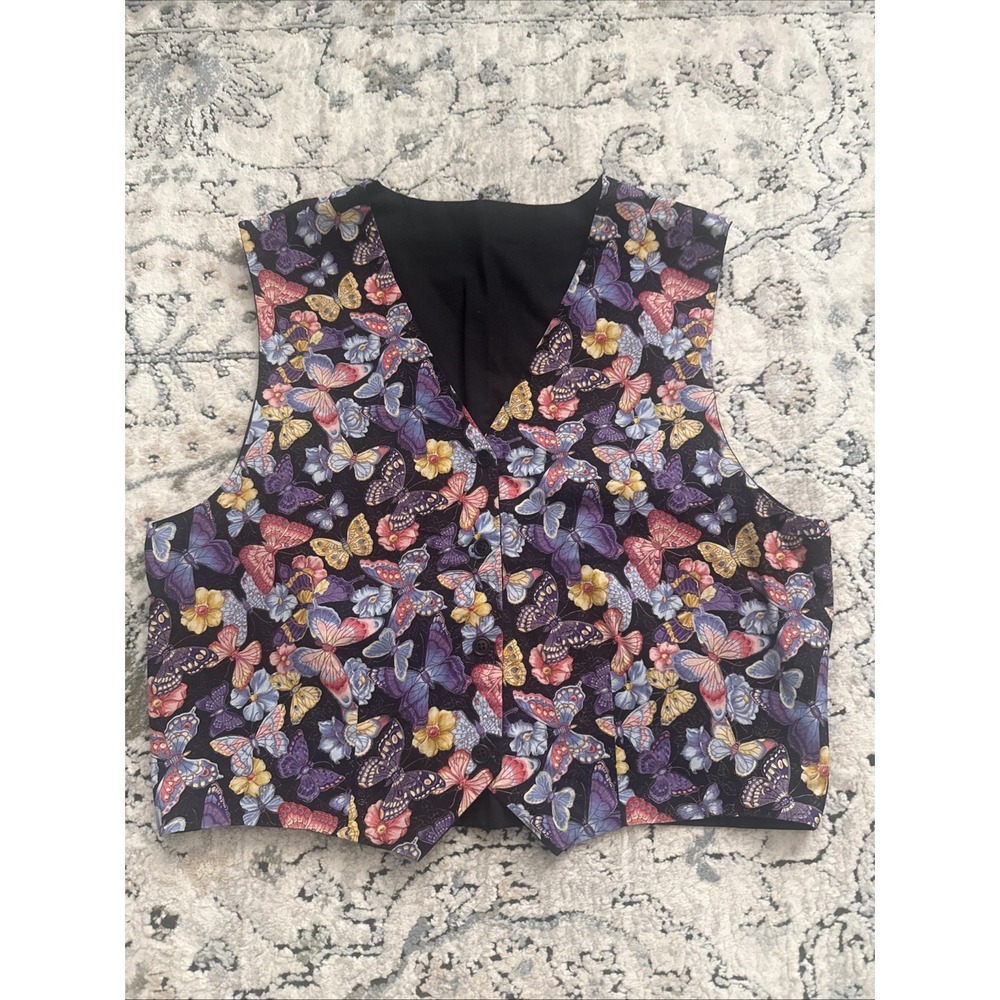 Handmade Butterfly Novelty Print Button Front V-Neck Vest Large Cottage Fairy